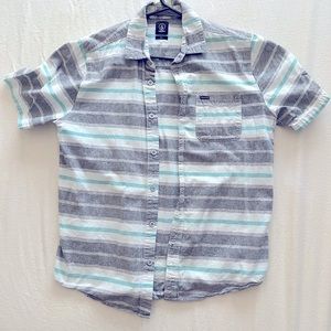 Volcom Large Multi colored striped short sleeve button down shirt.